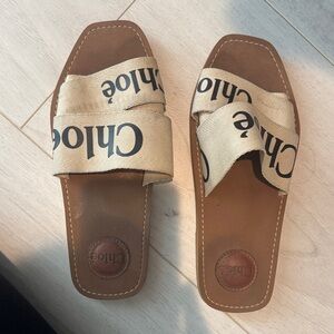 Chloe Leather & Beige Canvas Logo Slide Sandals size 38